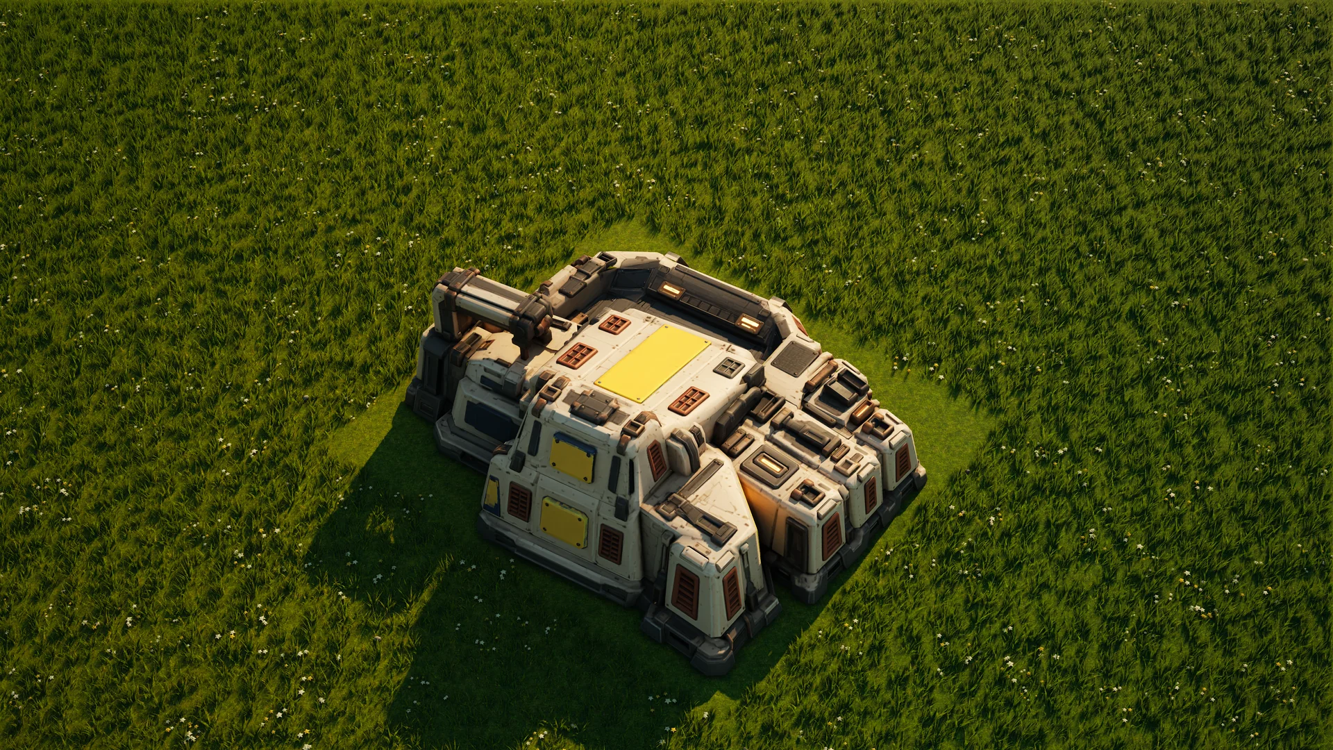 Sunhearth Air factory standing in Hearthland, viewed from above at a three-quarter angle