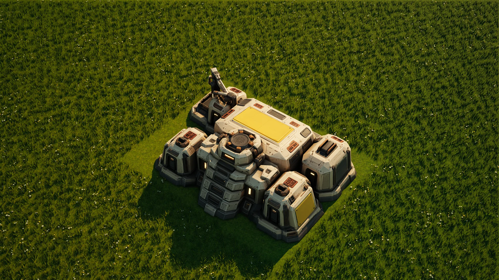 Sunhearth Air factory standing in Hearthland, viewed from above at a three-quarter angle
