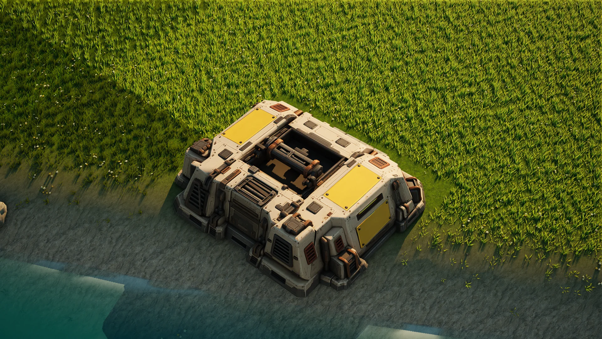 Sunhearth Ground factory standing in Hearthland, viewed from above at a three-quarter angle