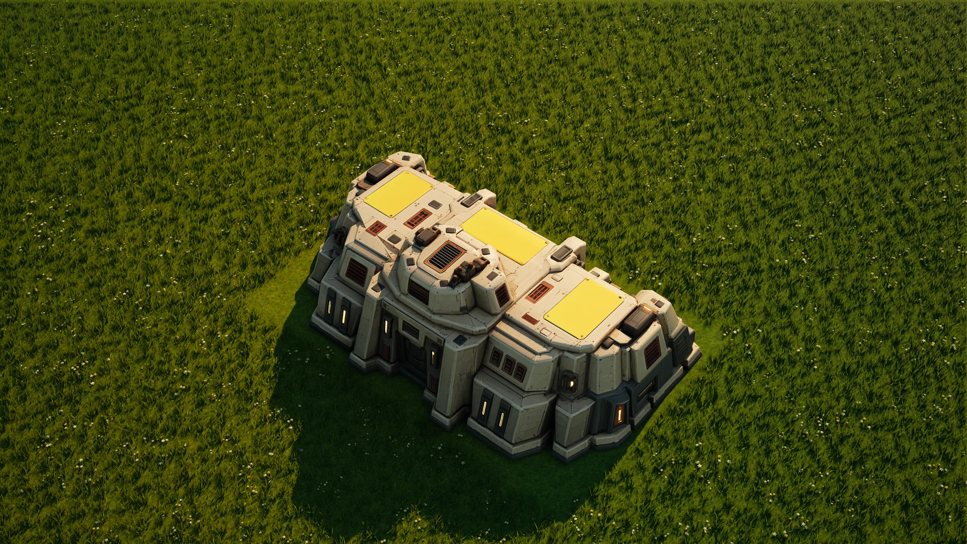 Sunhearth Ground factory standing in Hearthland, viewed from above at a three-quarter angle