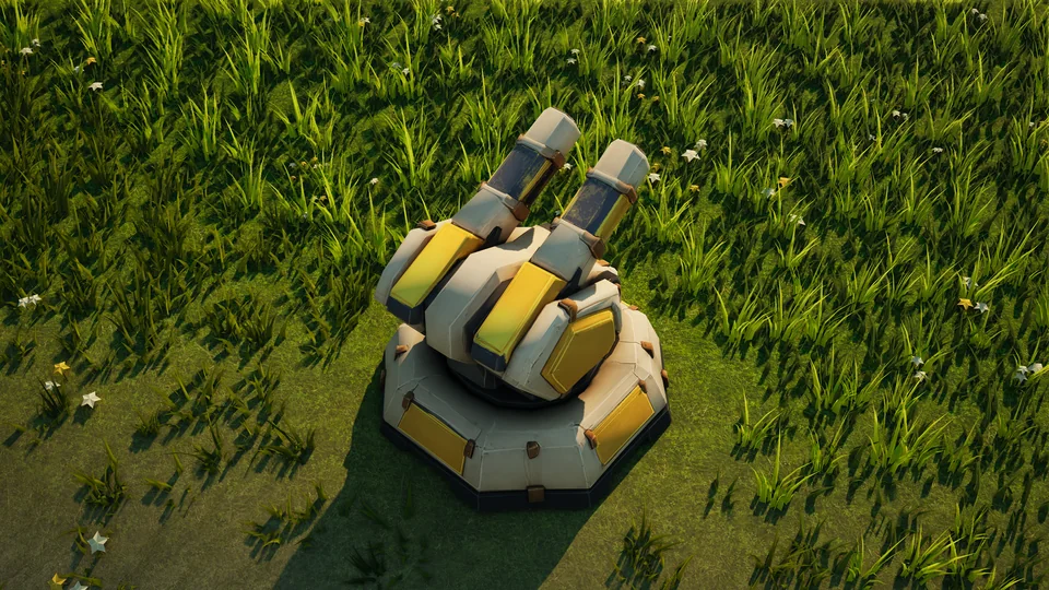Sunhearth Anti-air turret standing in Hearthland, viewed from above at a three-quarter angle