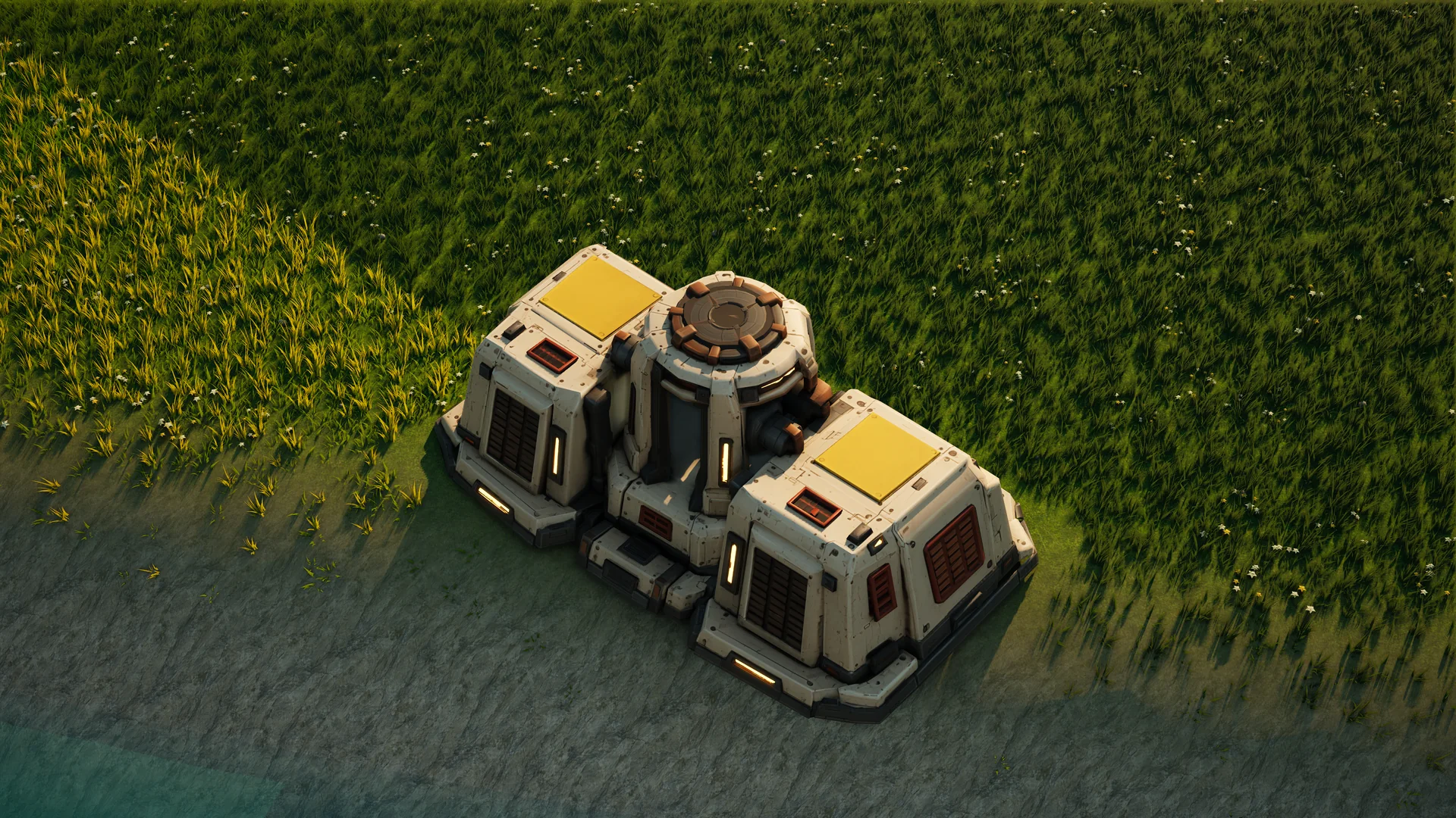 Sunhearth Energy generator standing in Hearthland, viewed from above at a three-quarter angle