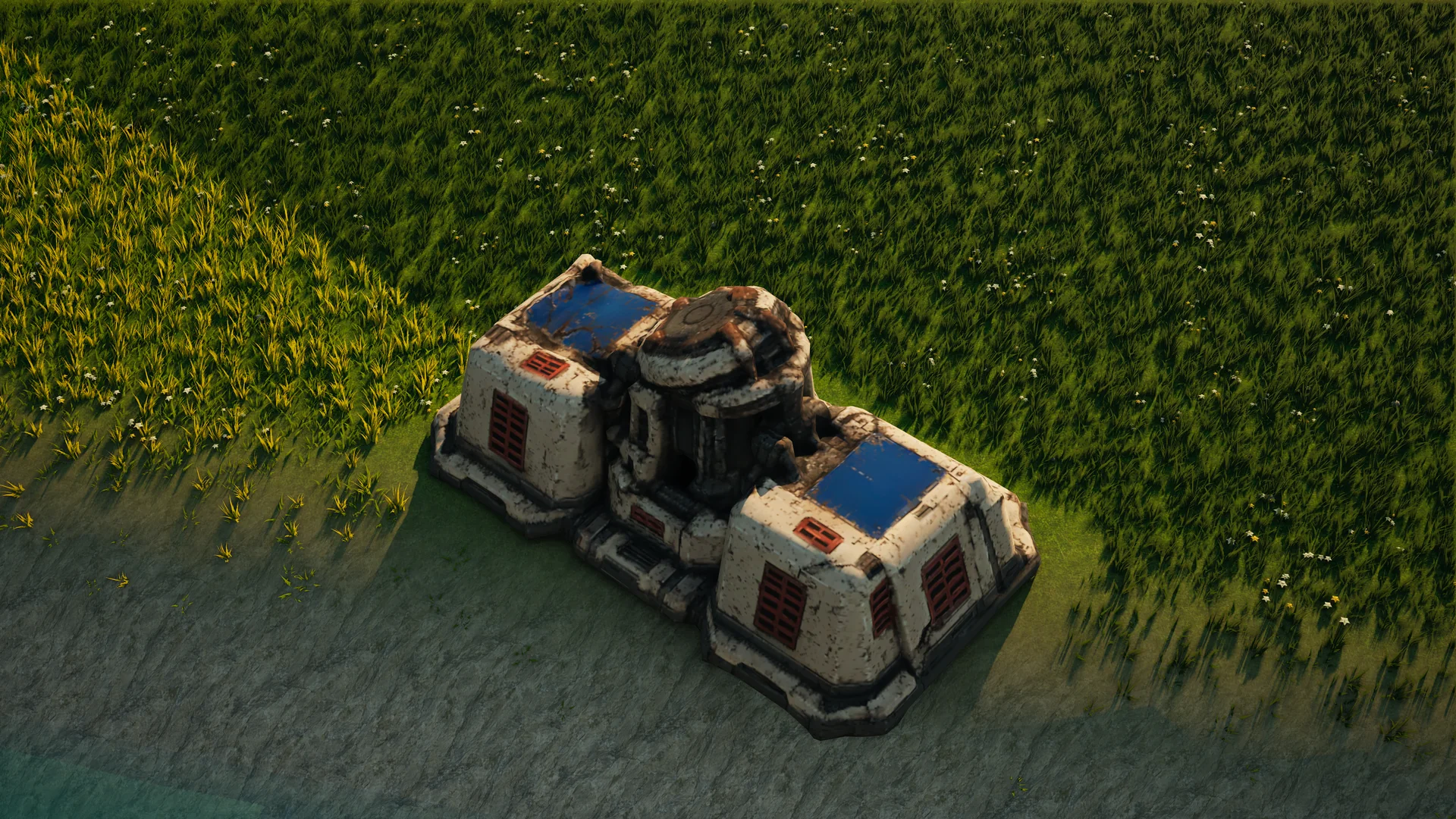 Destroyed Sunhearth Energy generator, with collapsed armour and machinery