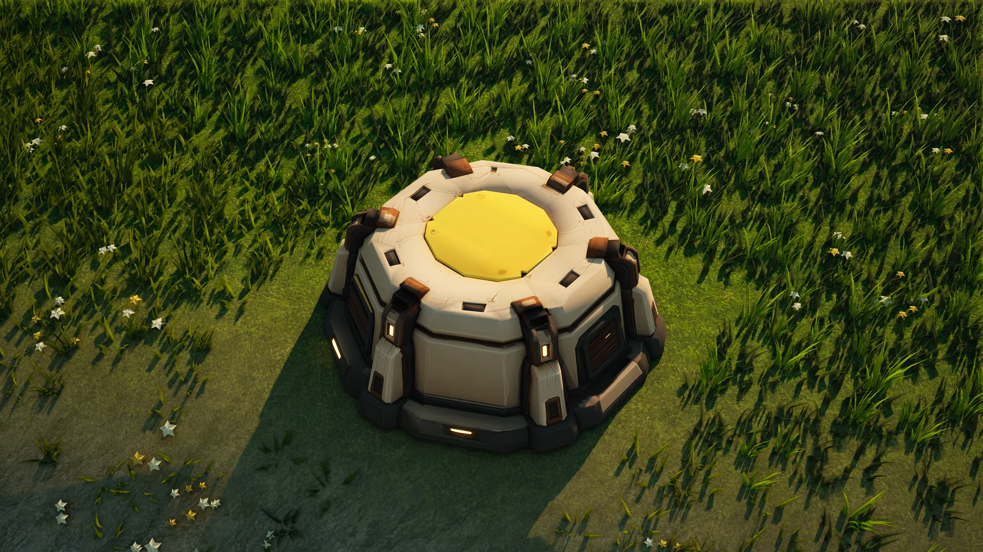 Sunhearth Matter storage standing in Hearthland, viewed from above at a three-quarter angle