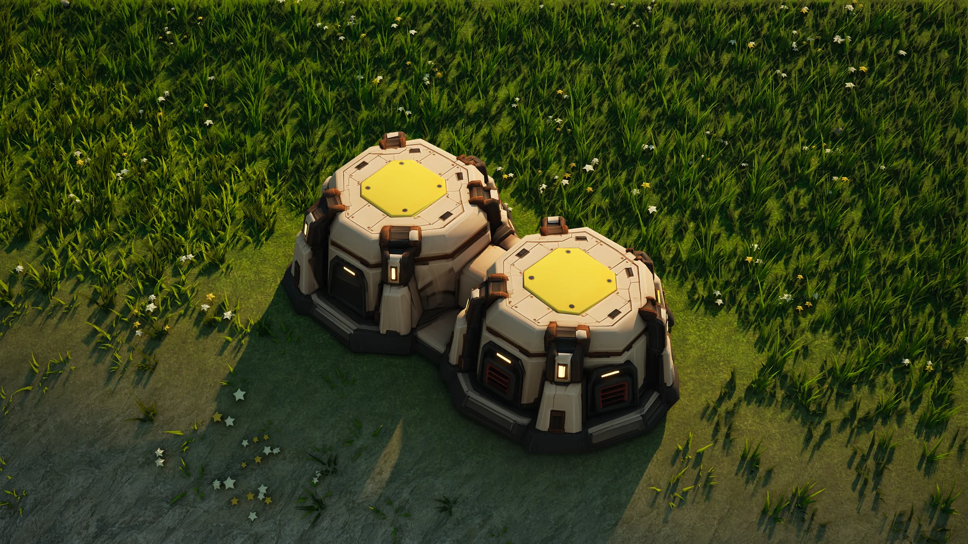 Sunhearth Matter storage standing in Hearthland, viewed from above at a three-quarter angle