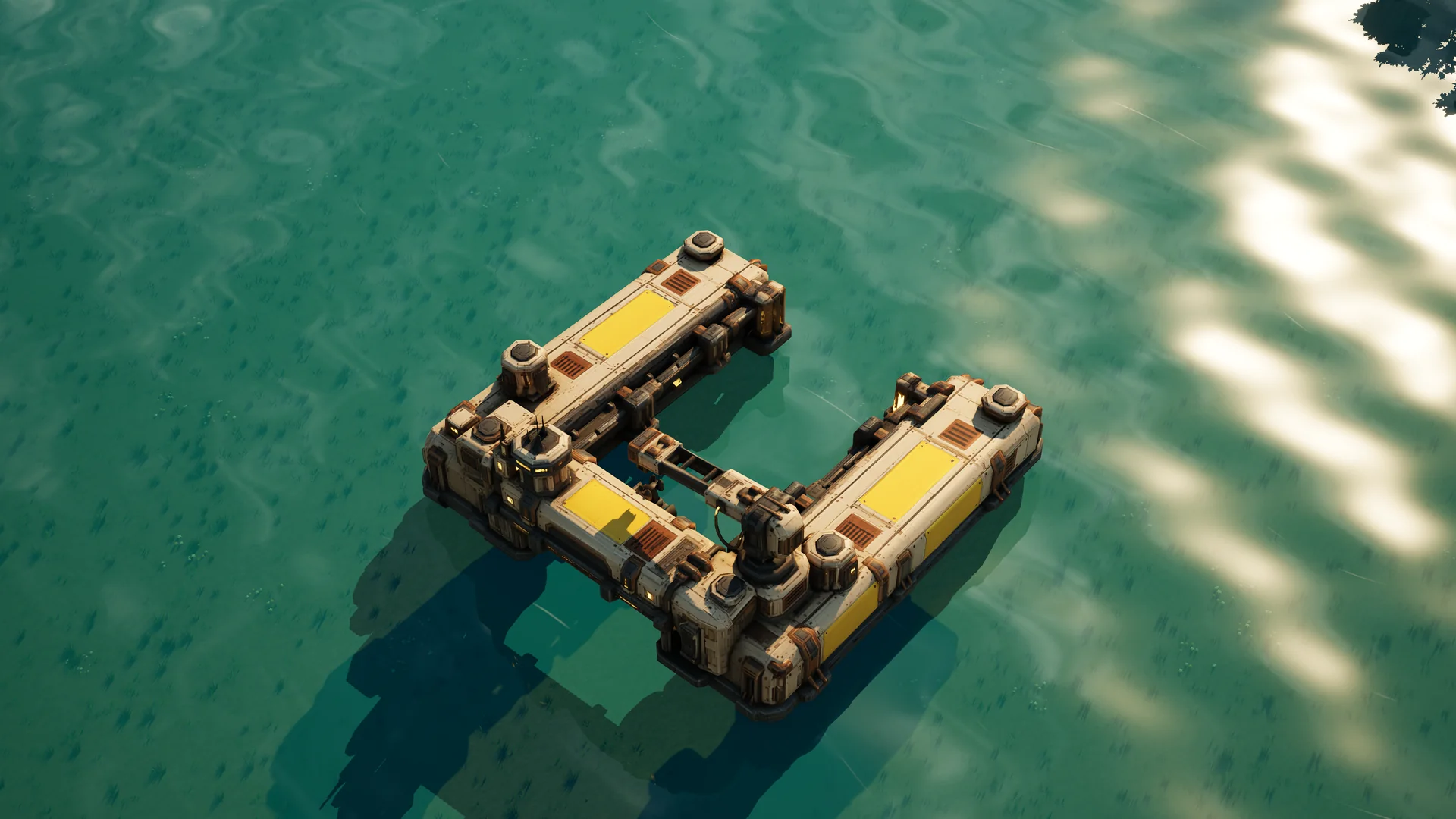 Sunhearth Naval yard standing in Hearthland, viewed from above at a three-quarter angle