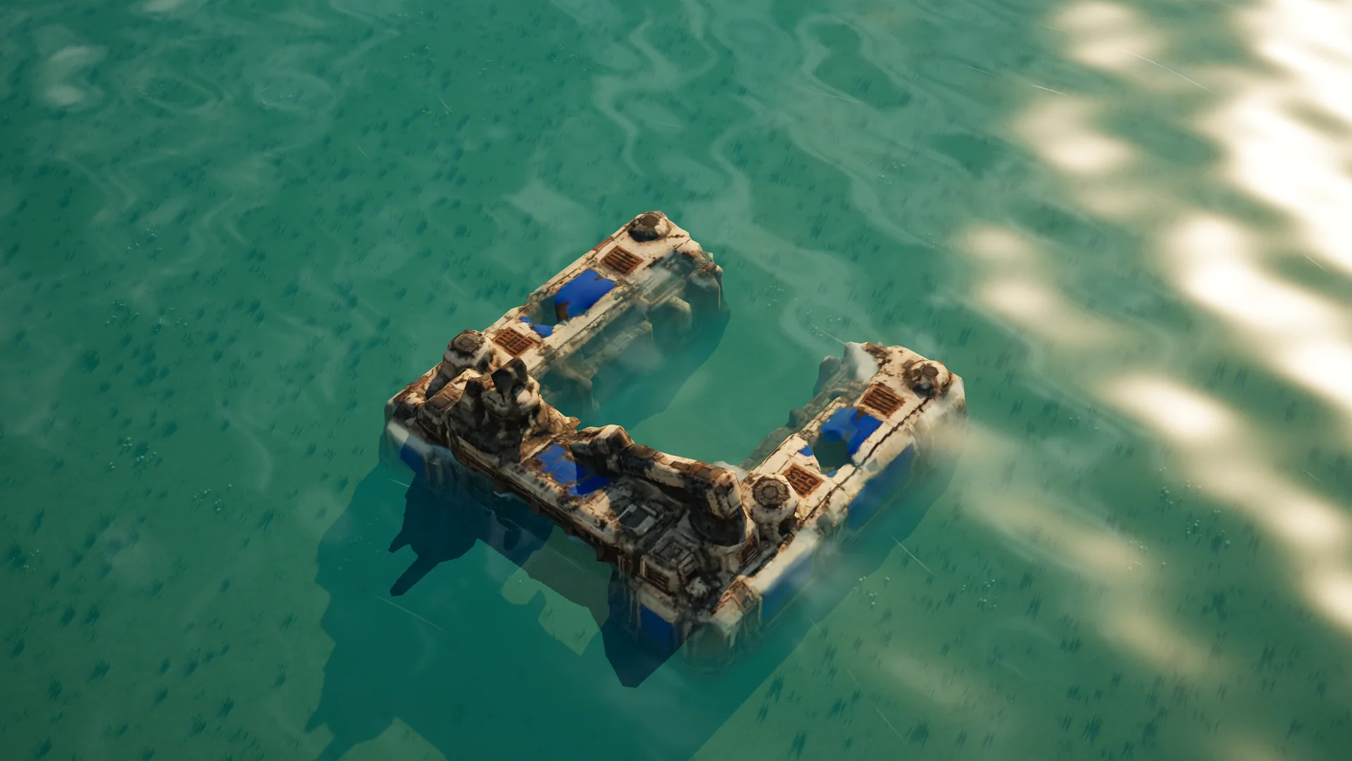 Destroyed Sunhearth Naval yard, with collapsed armour and machinery