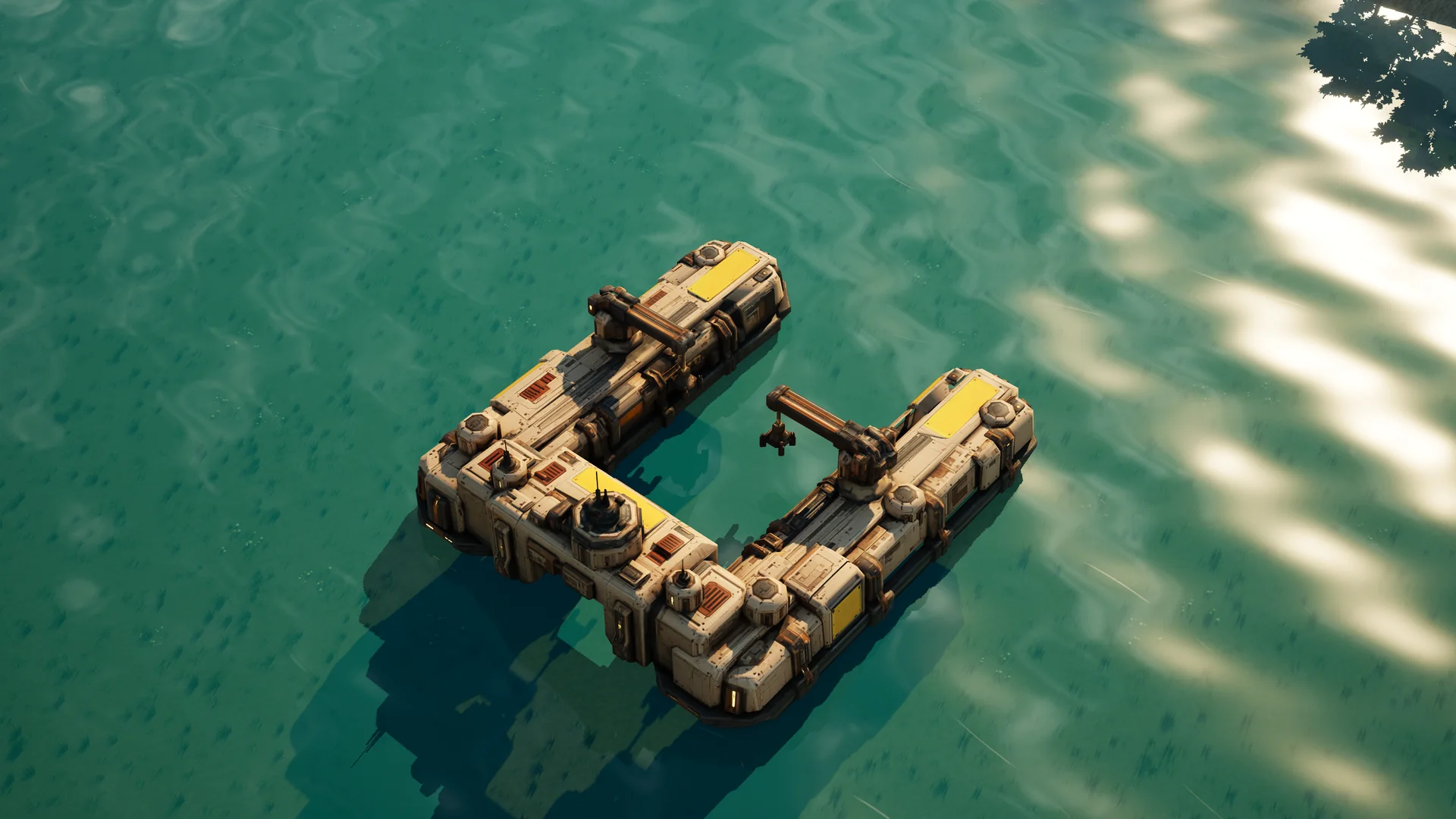 Sunhearth Naval yard standing in Hearthland, viewed from above at a three-quarter angle
