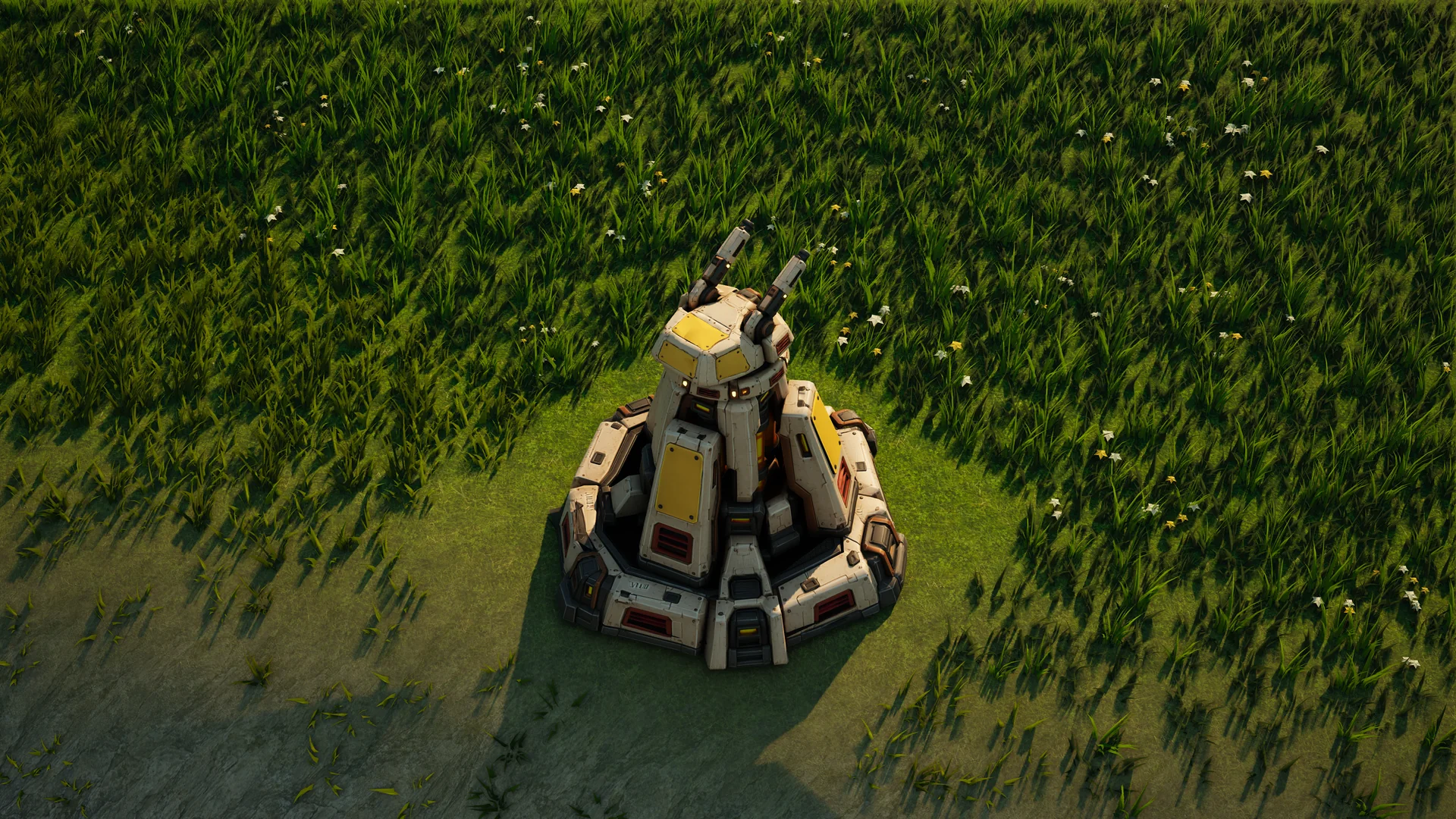 Sunhearth Petal standing in Hearthland, viewed from above at a three-quarter angle