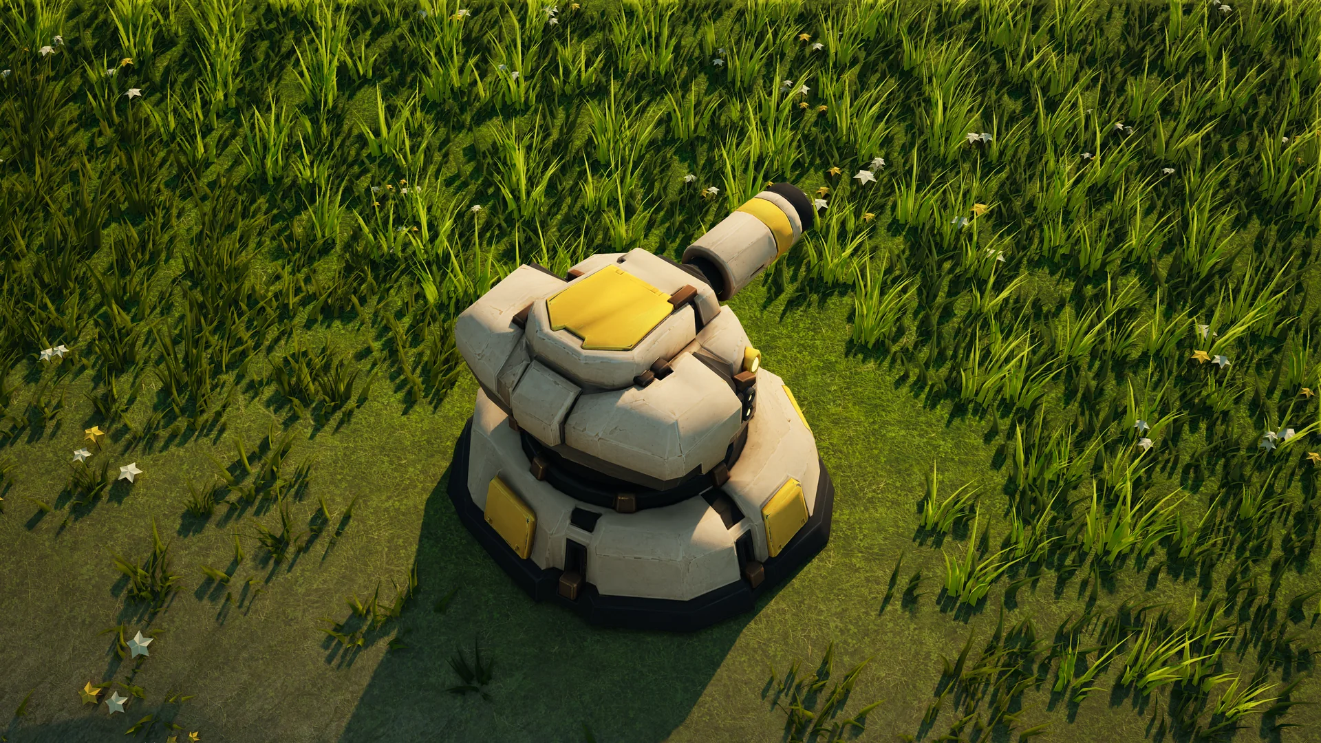 Sunhearth Point-defense turret standing in Hearthland, viewed from above at a three-quarter angle