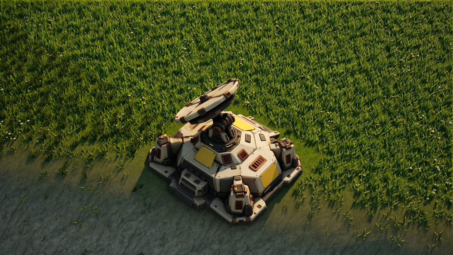 Sunhearth Radar standing in Hearthland, viewed from above at a three-quarter angle