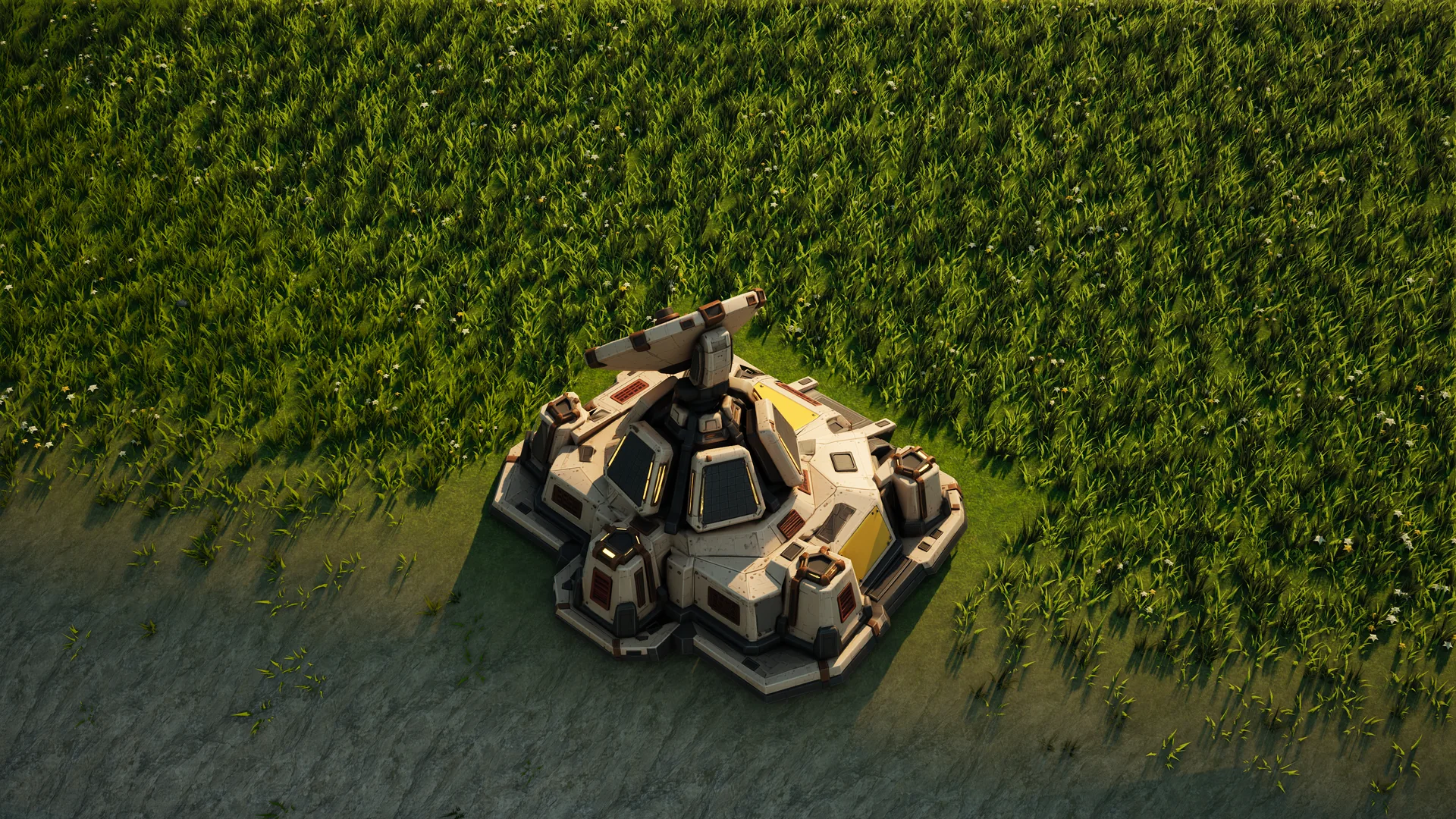 Sunhearth Radar standing in Hearthland, viewed from above at a three-quarter angle