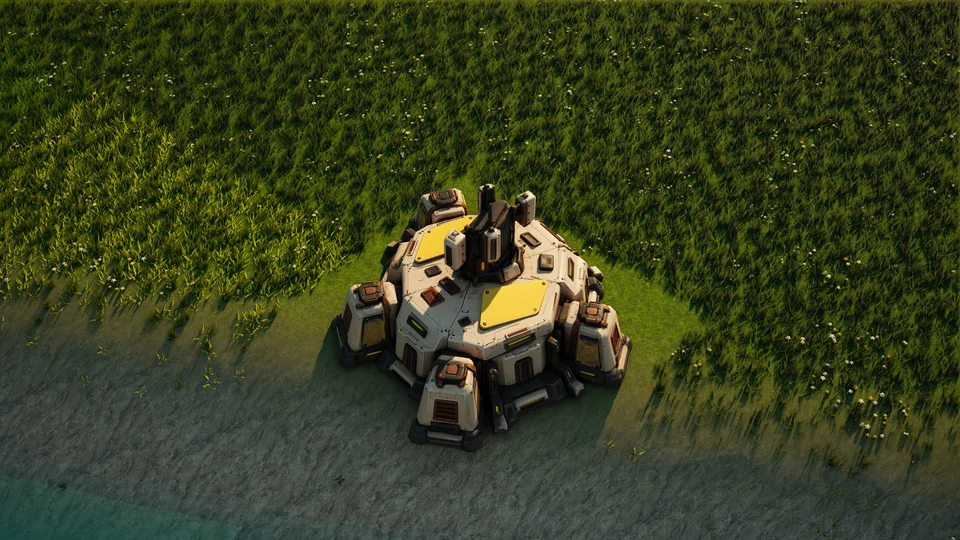 Sunhearth Command relay standing in Hearthland, viewed from above at a three-quarter angle