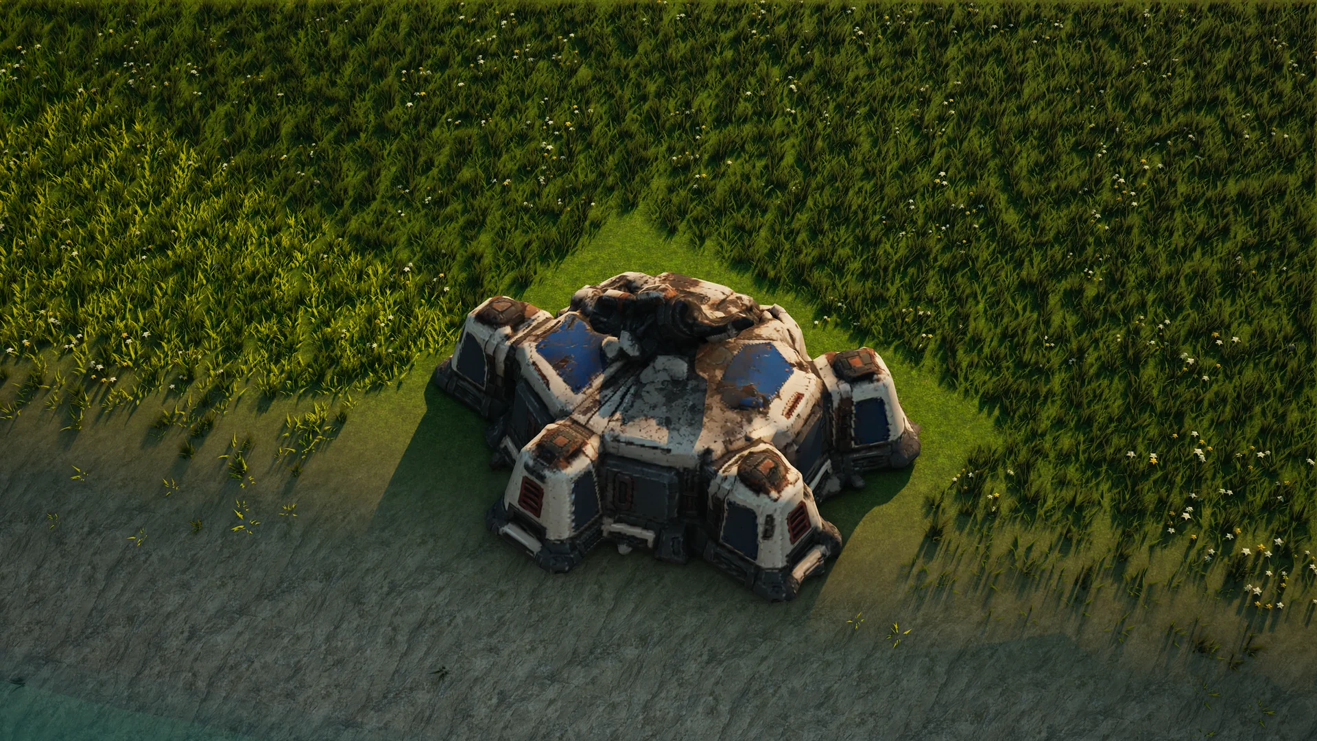 Destroyed Sunhearth Command relay, with collapsed armour and machinery