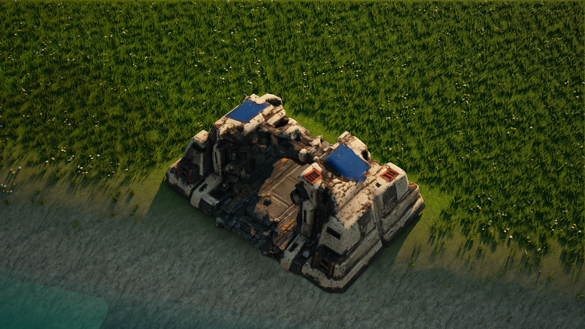 Destroyed Sunhearth Repair depot, with collapsed armour and machinery
