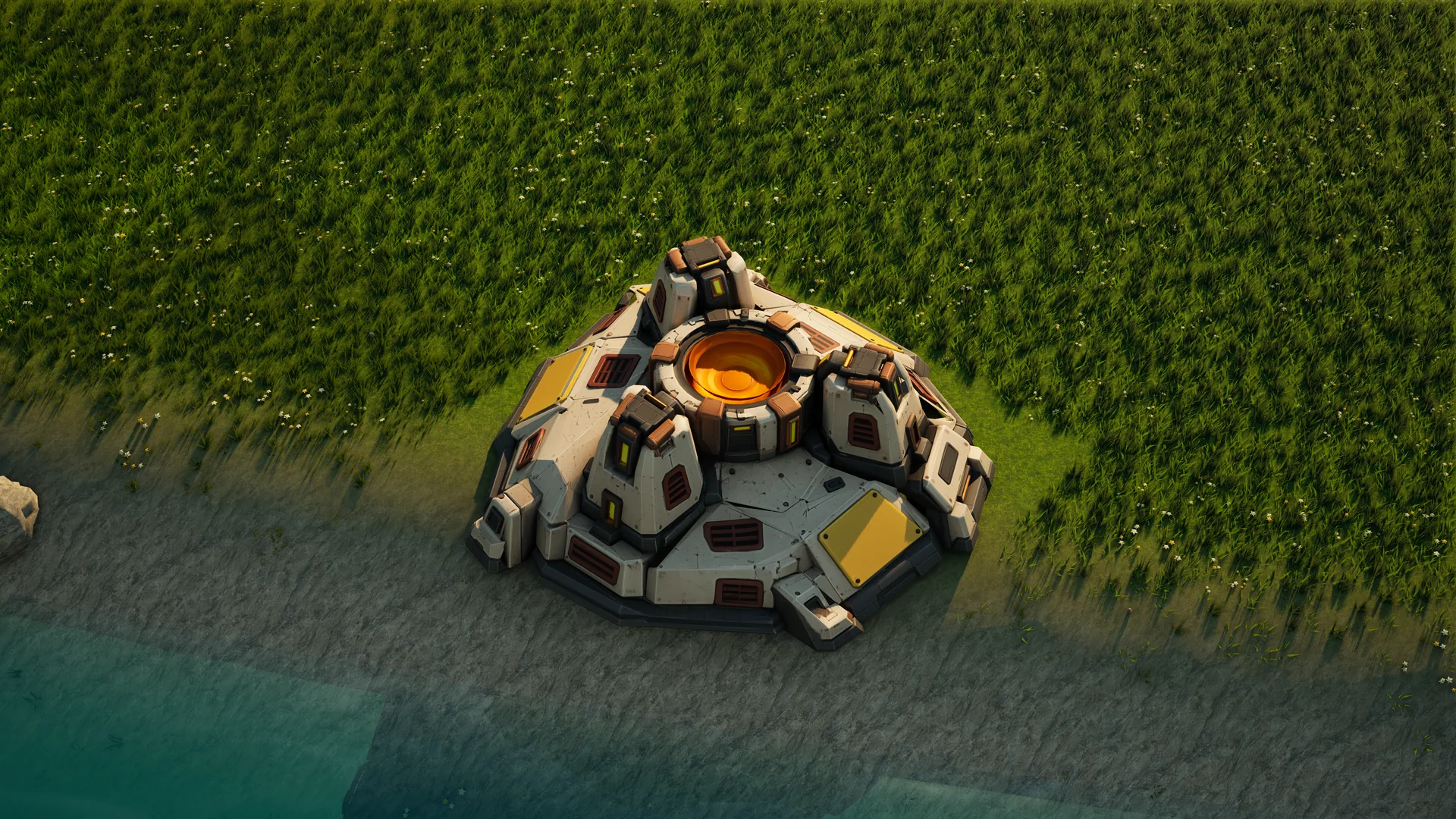 Sunhearth Shield generator standing in Hearthland, viewed from above at a three-quarter angle