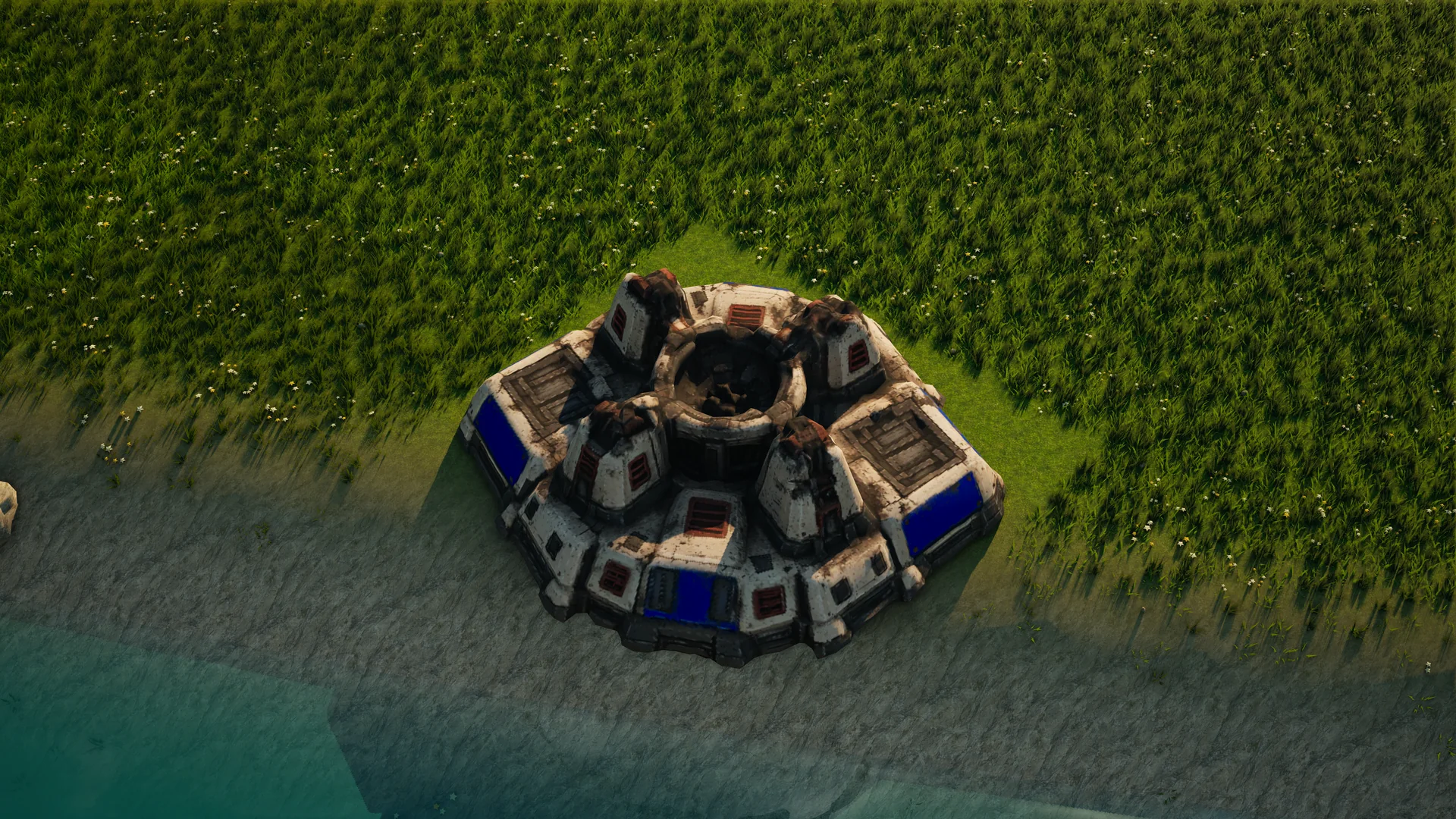 Destroyed Sunhearth Shield generator, with collapsed armour and machinery
