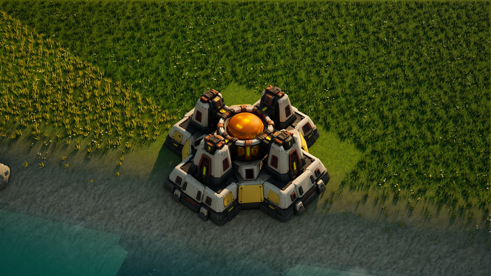 Sunhearth Shield generator standing in Hearthland, viewed from above at a three-quarter angle