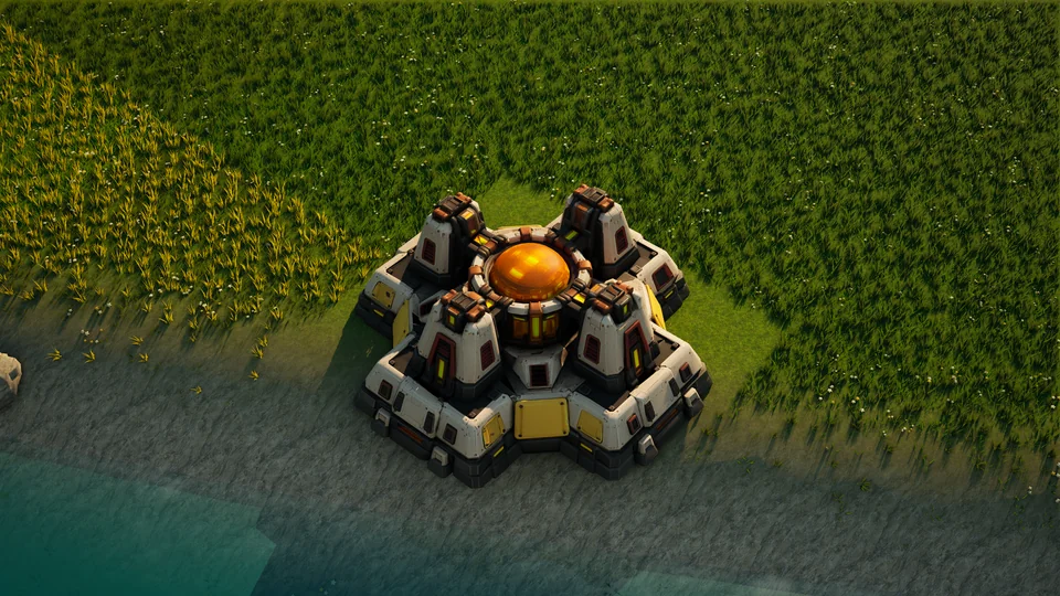 Sunhearth Shield generator standing in Hearthland, viewed from above at a three-quarter angle