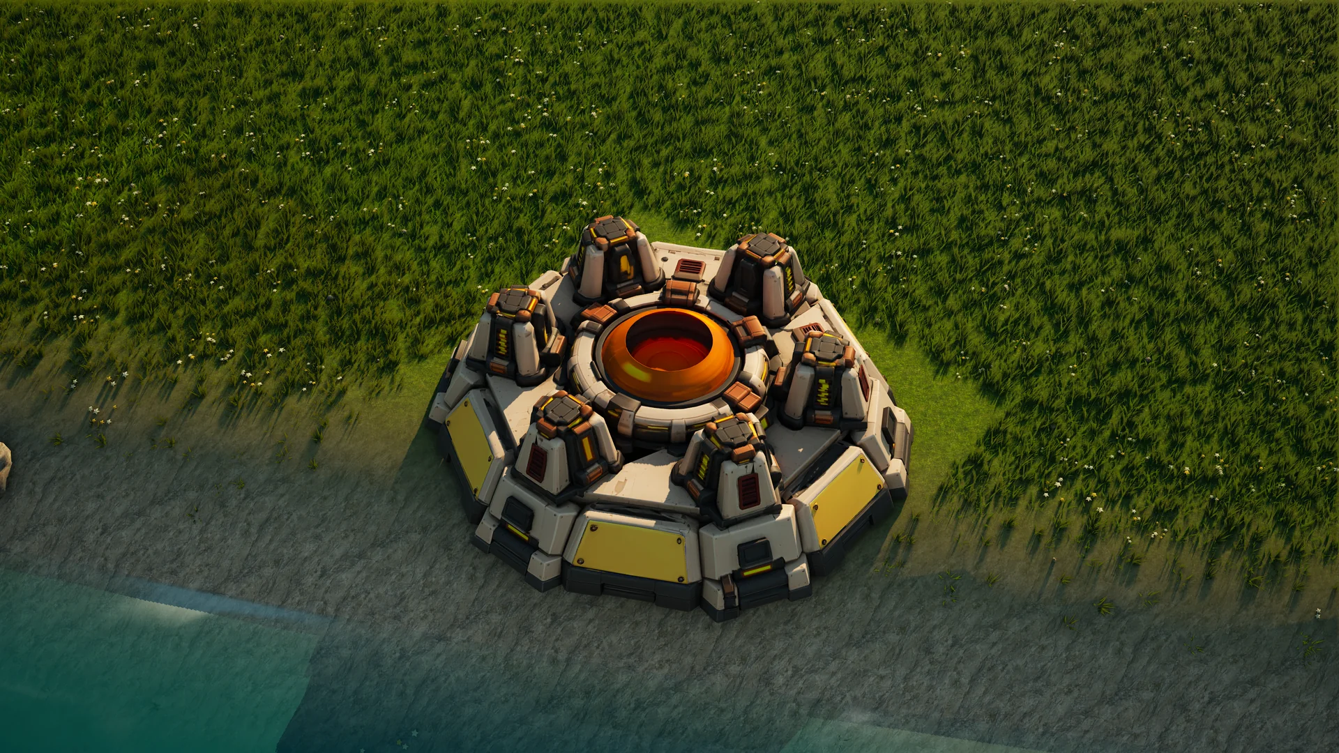Sunhearth Shield generator standing in Hearthland, viewed from above at a three-quarter angle