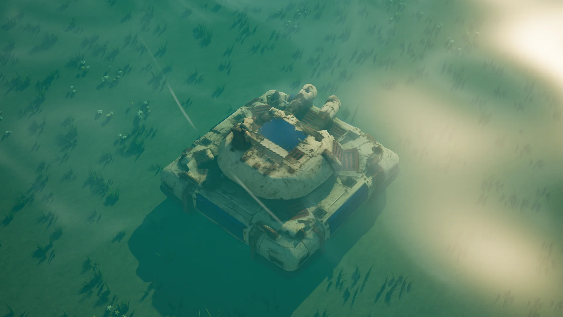Destroyed Sunhearth Water defense, with collapsed armour and machinery