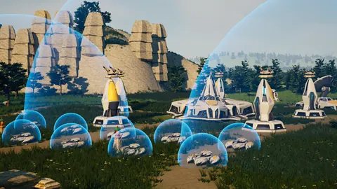 Im Spiel: Die weißen Schwebepanzer von Moonveil warten zu Beginn eines Matches unter ihren eigenen Schildblasen vor ihrer Heartbloom mit Turmspitzen und deren Blütenblättern, unter einem Kalksteinfelsen