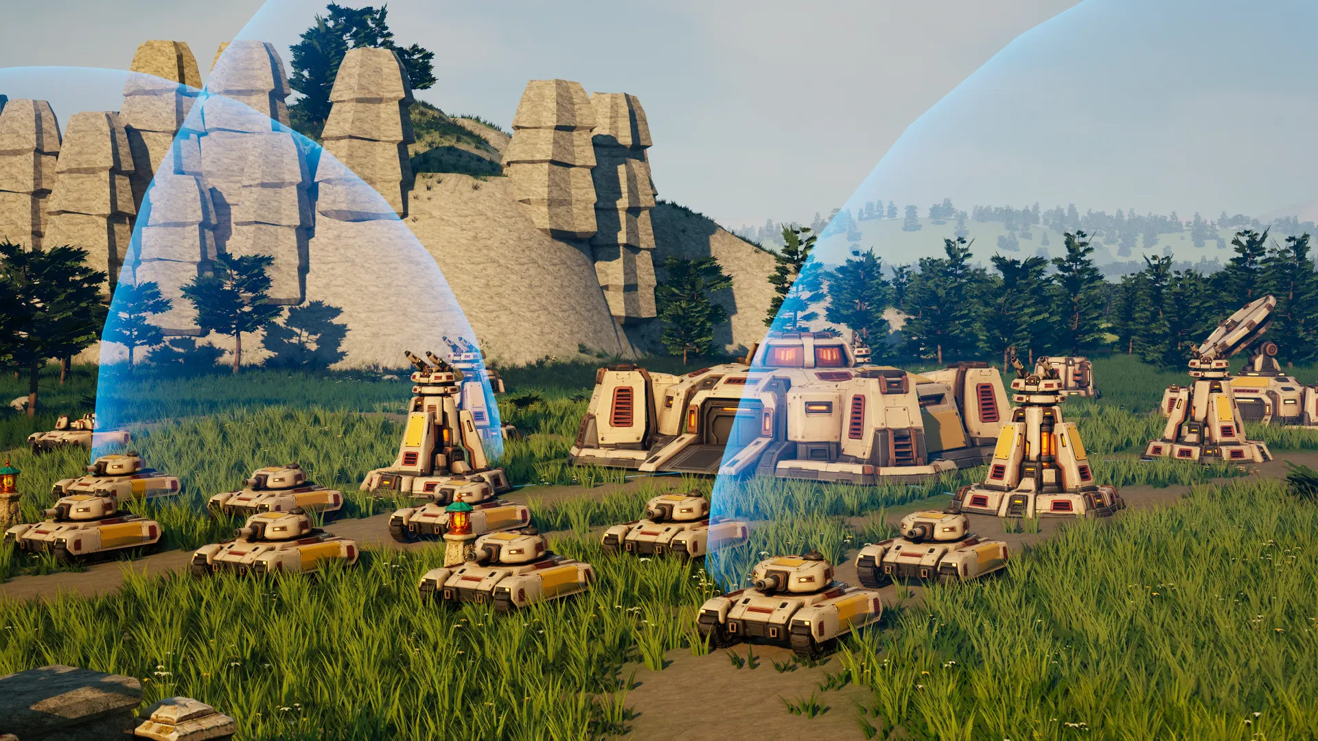 In game: Sunhearth's ivory light tanks wait in the meadow grass at the start of a match, before their domed Heartbloom, its petals and two bubble shields, beneath a limestone outcrop