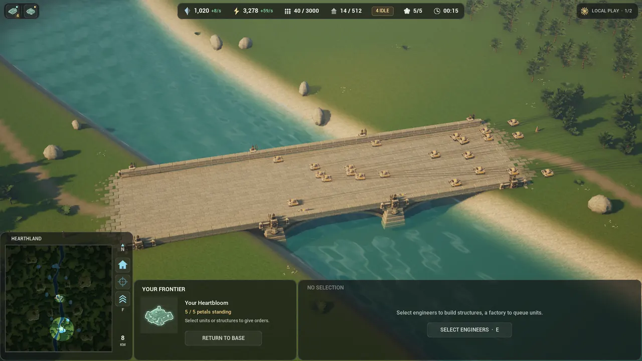 In game: a column of tanks on an attack-move across the middle bridge of Hearthland Basin, the first of them already on the far bank