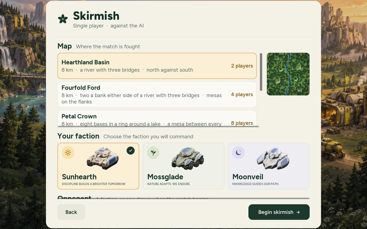 The Skirmish page: Hearthland Basin selected in the map list beside its painted map, Fourfold Ford and Petal Crown below it, and the three faction cards