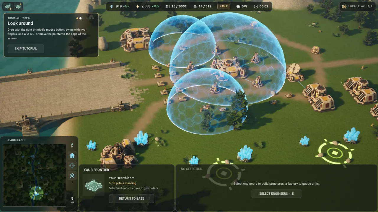In game: the Look around card, step 2 of 6, listing the ways to move the view, over the valley