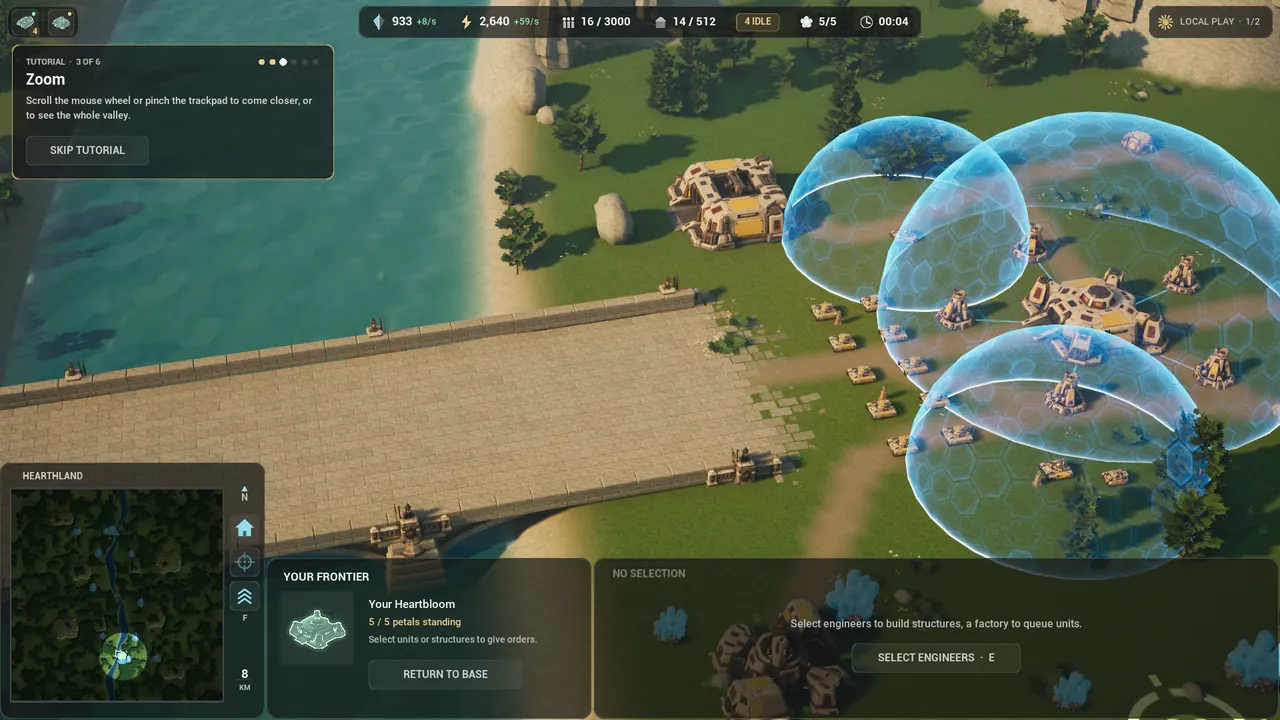 In game: the Zoom card, step 3 of 6, with the view moved over the river and the bridge beside the base