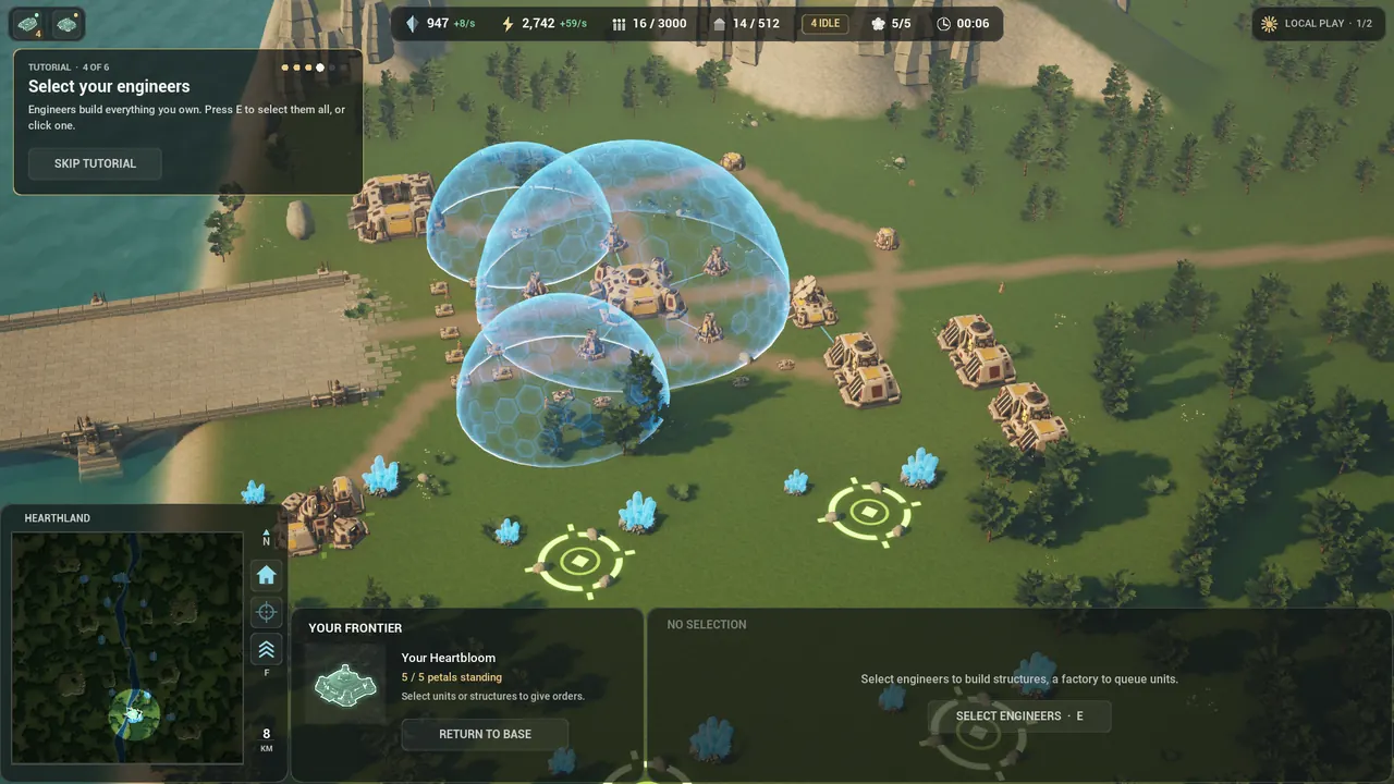 In game: the Select your engineers card, step 4 of 6, with the view centred on the base, where the engineers stand