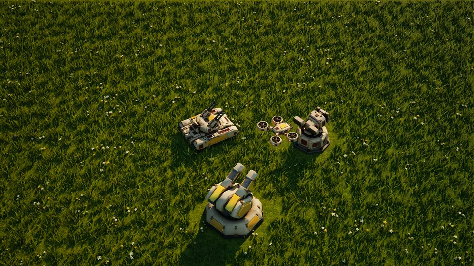 A Sunhearth anti-air tank, flak turret, drone catcher and hovering drone together