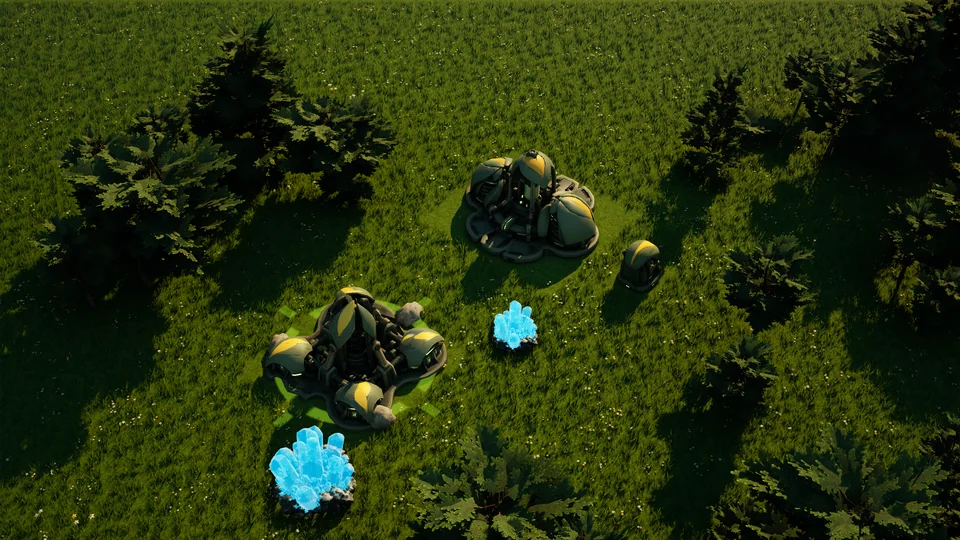 A Mossglade extractor on a crystal deposit beside a generator and energy storage