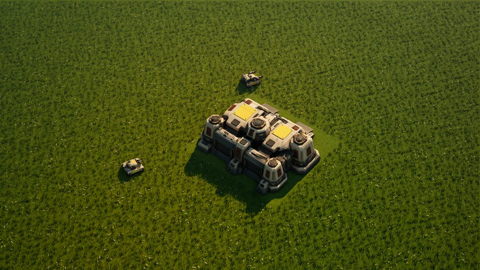 Eine Landfabrik von Sunhearth mit einem Emberguard-Panzer und einem Engineer vor ihren Produktionshallen