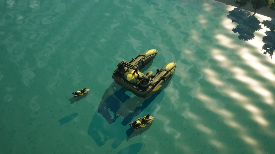 A Mossglade naval yard on the river with two anti-air patrol boats nearby