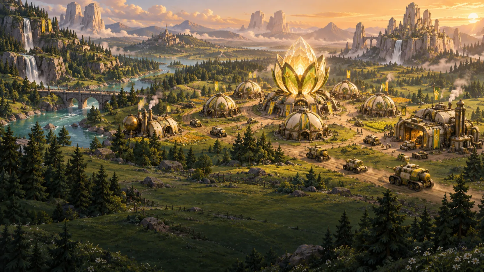 A Sunhearth base at golden hour: domed buildings ring a glowing crystal Heartbloom while tanks roll out along dirt roads, with waterfalls and cliff cities beyond