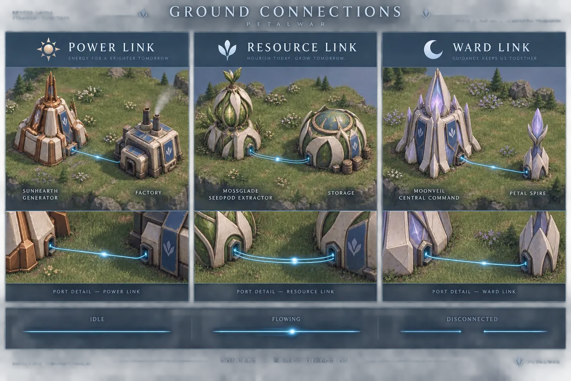 Concept sheet Ground Connections: a power link from a Sunhearth generator to a factory, a resource link from a Mossglade seedpod extractor to storage, and a ward link from Moonveil central command to a petal spire