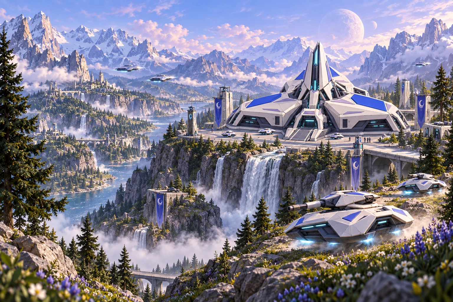 Moonveil's white crystalline spire rises over an alpine waterfall, with angular hover tanks and a lavender sky
