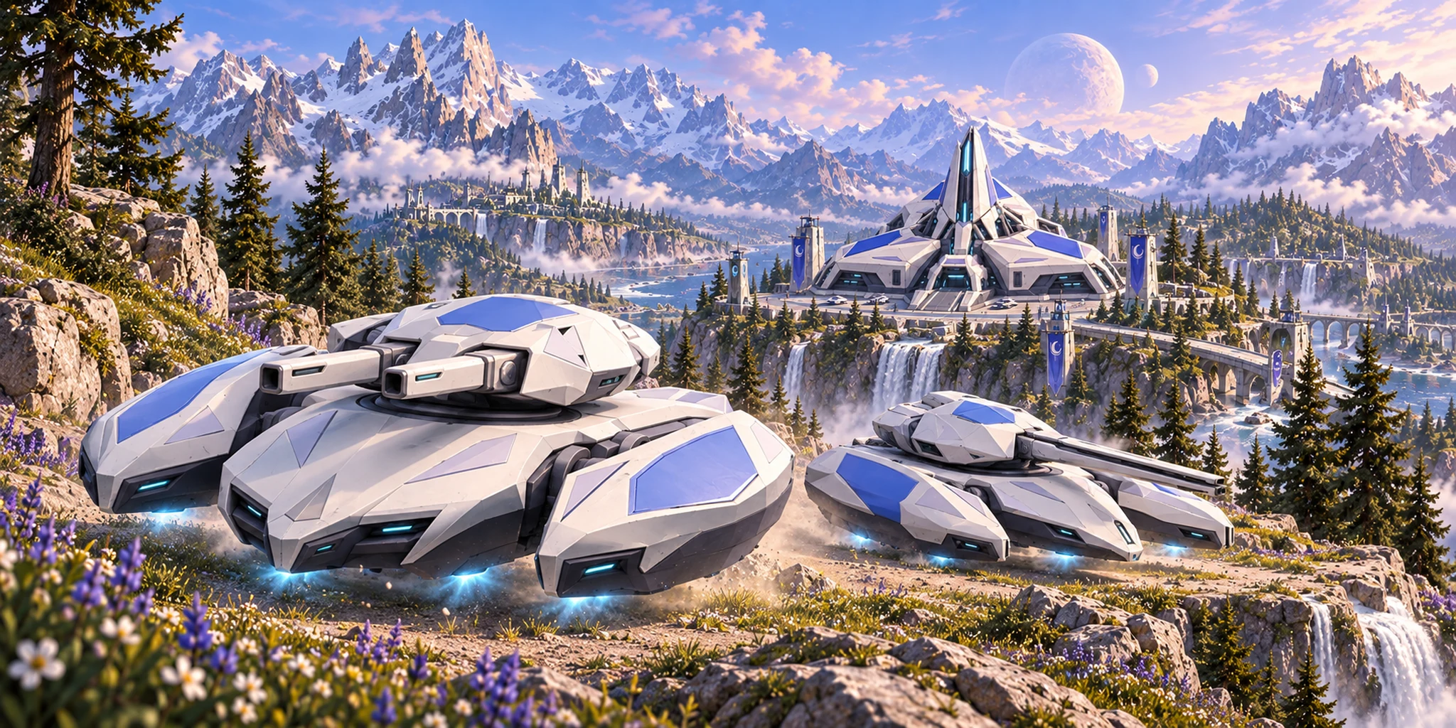 Veilguard and Moonray hover just above an alpine path, with Moonveil's white spired headquarters and waterfalls beyond