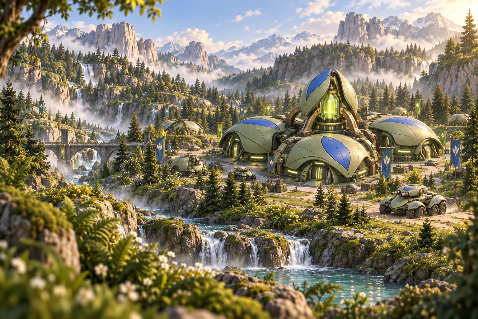 Mossglade's sage leaf-shaped headquarters and glowing green core nestle in a lush forest beside waterfalls