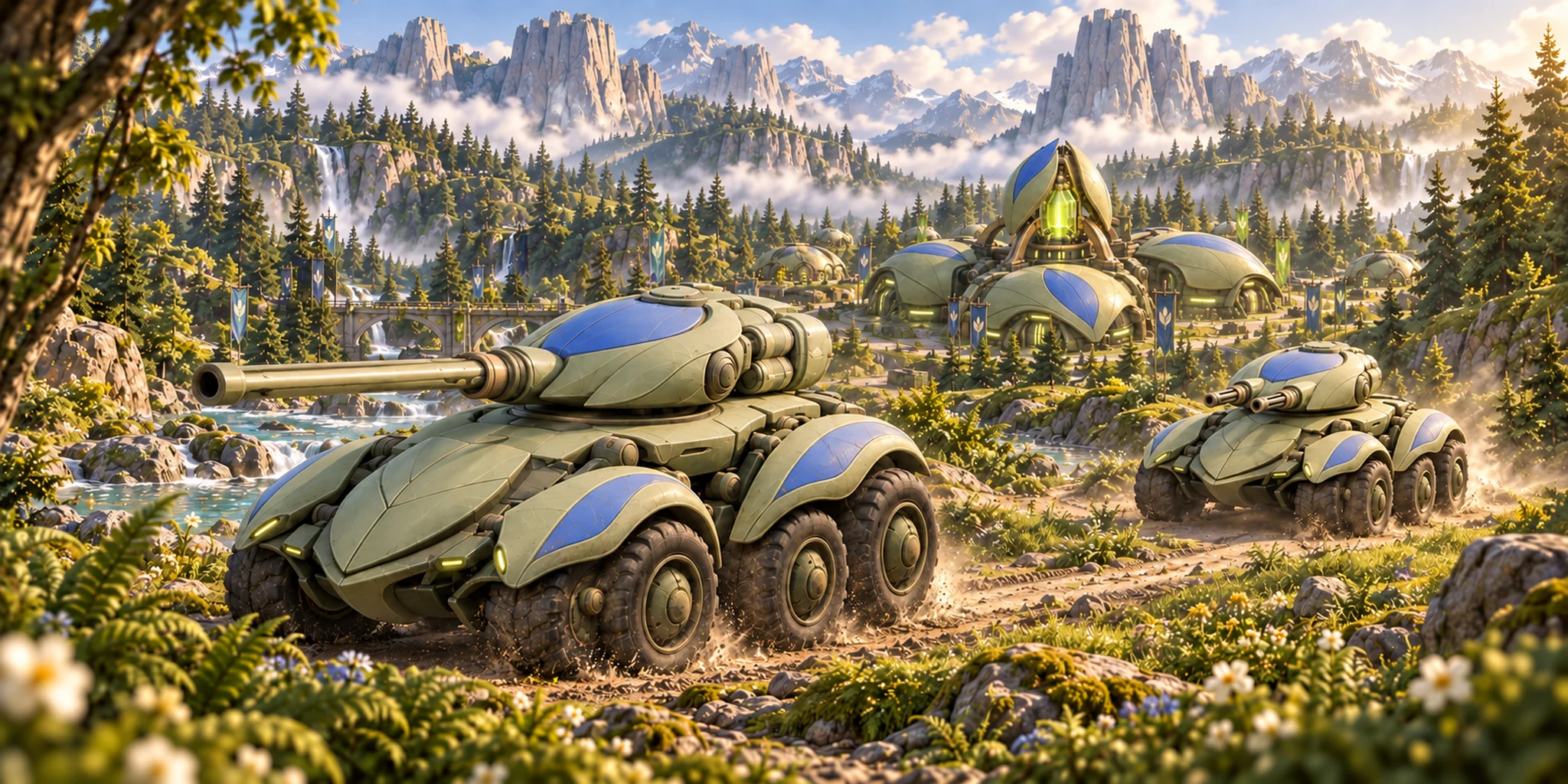 A Thornback and Reedrunner follow a forest river path, their wheels grounded in the earth beneath Mossglade's leaf-shaped headquarters