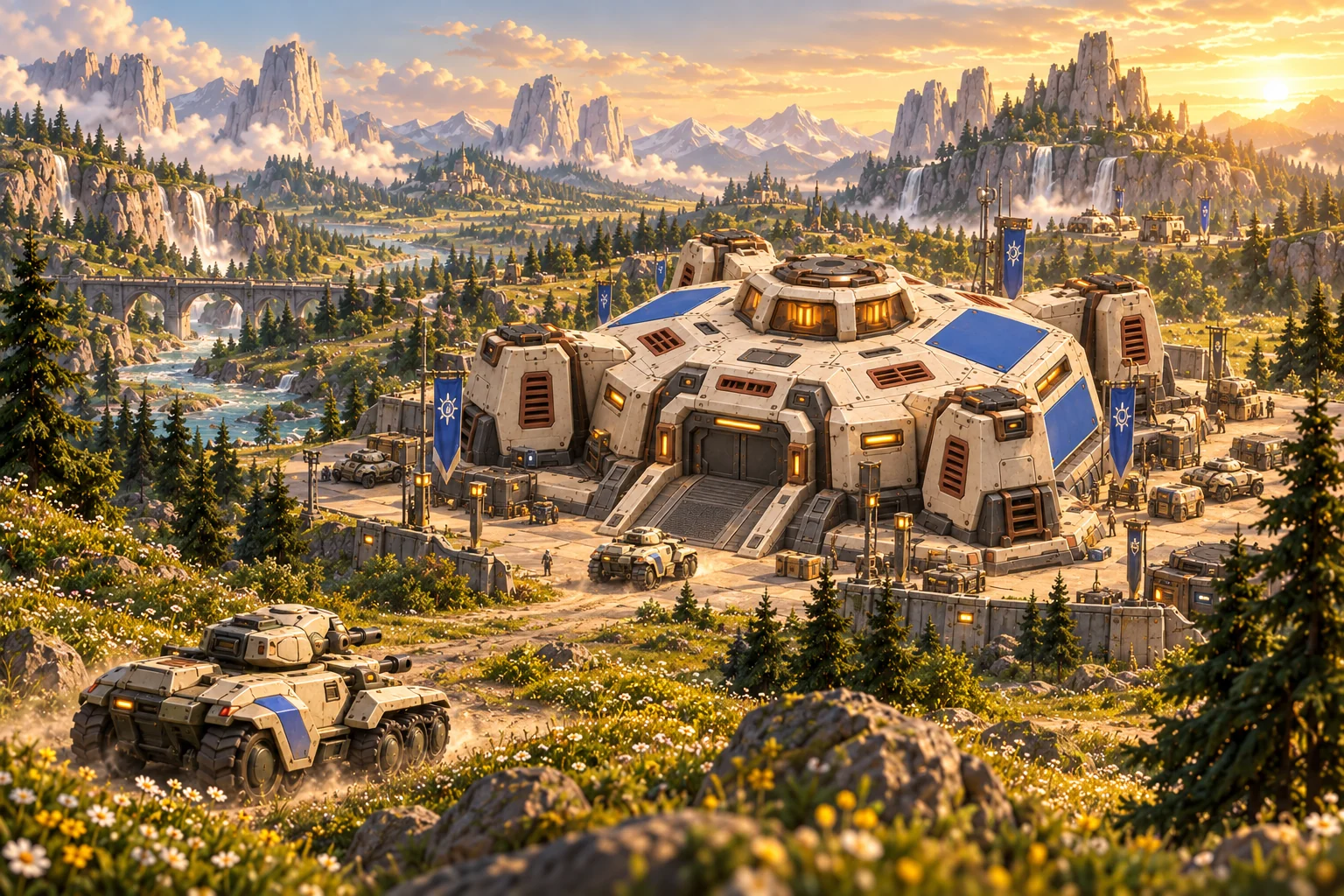 Sunhearth's ivory and terracotta citadel overlooks a golden valley, surrounded by armoured vehicles and blue banners