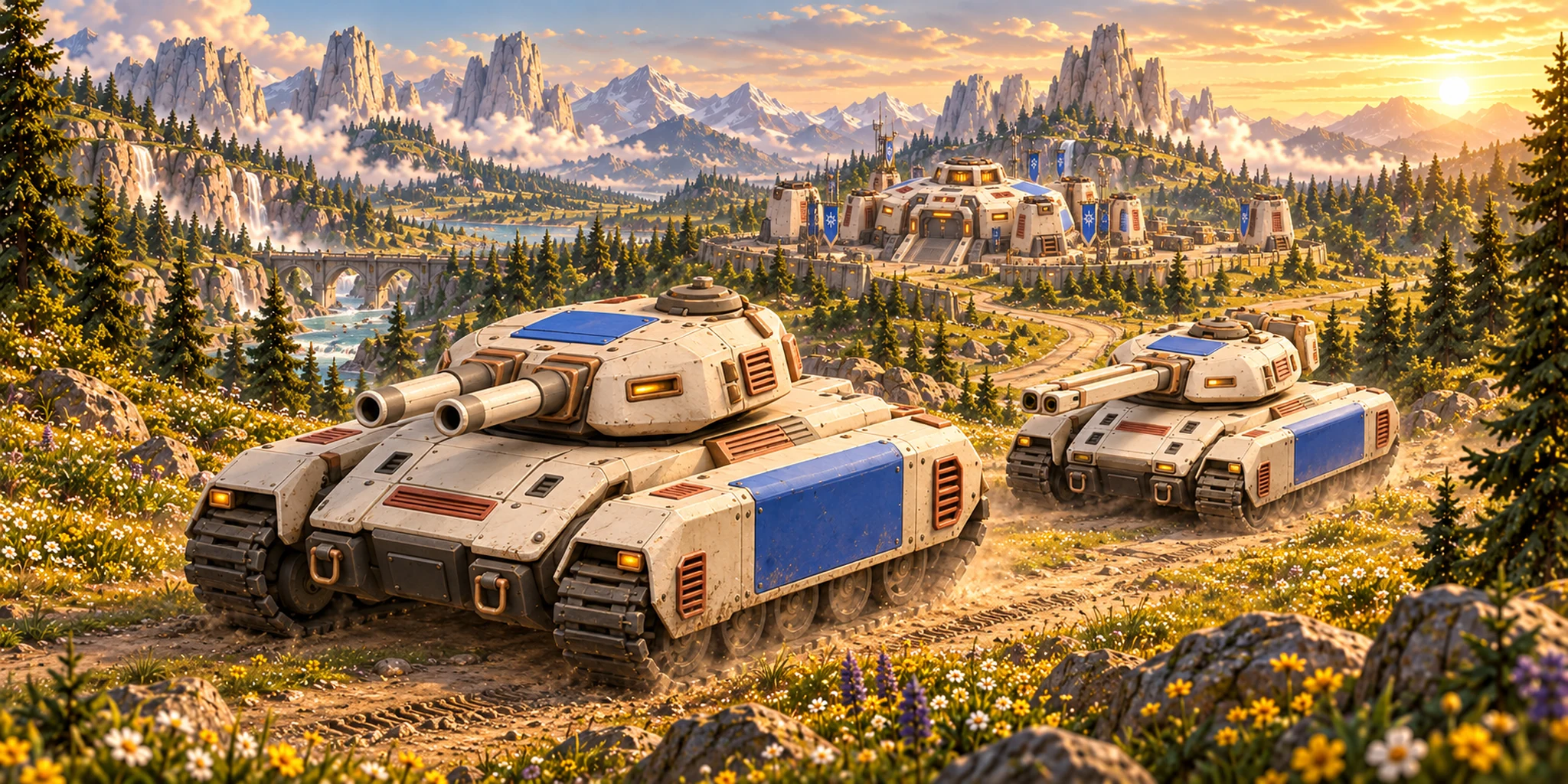 Emberguard and Sunlance tanks roll along a flower-lined track beneath Sunhearth's ivory citadel in the golden valley