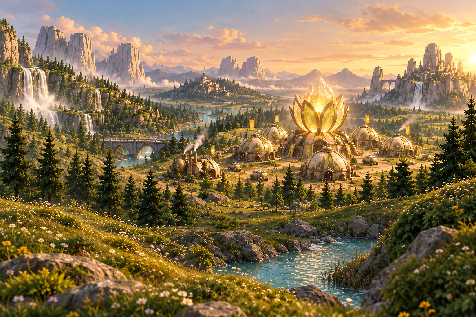 The sunlit Hearthland valley and its golden Heartbloom