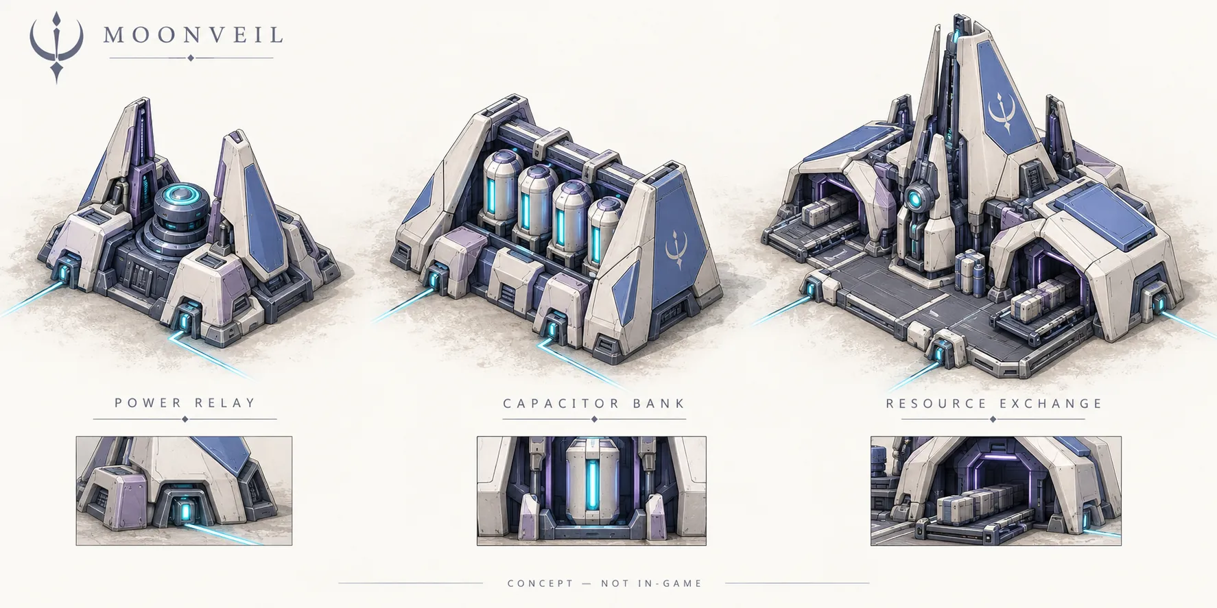 Moonveil concept sheet: angular white and violet power relay, capacitor bank and resource exchange, each with a glowing ground port