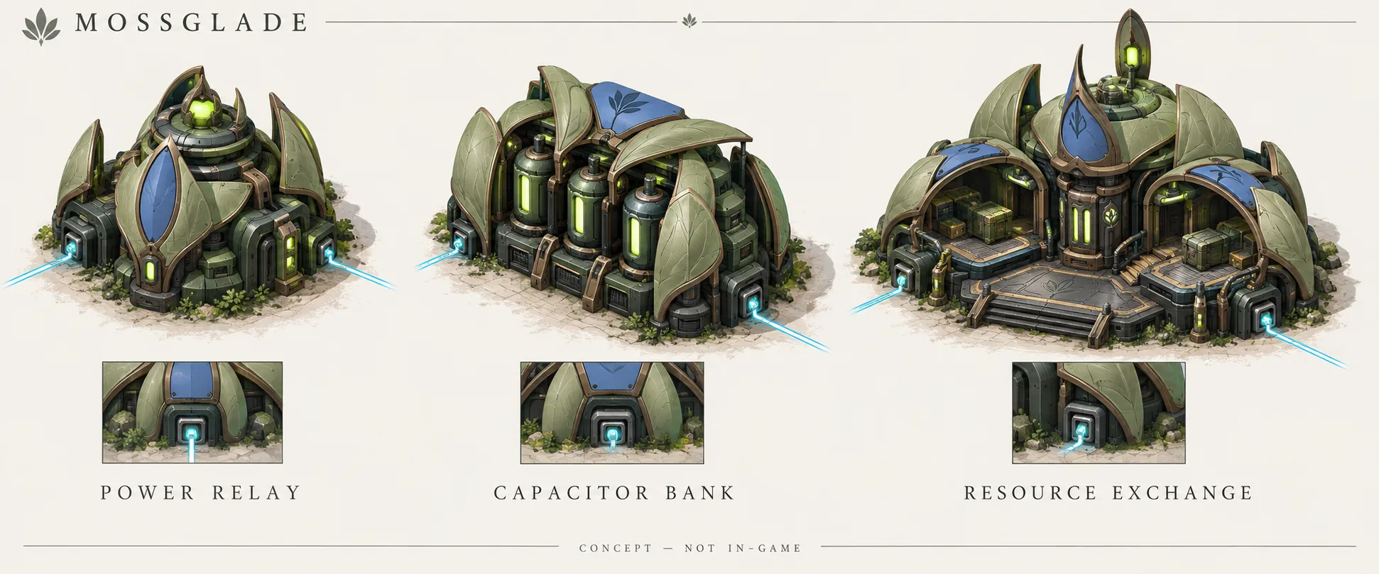 Mossglade concept sheet: leaf-clad power relay, capacitor bank and resource exchange in green and bronze, each with a glowing ground port