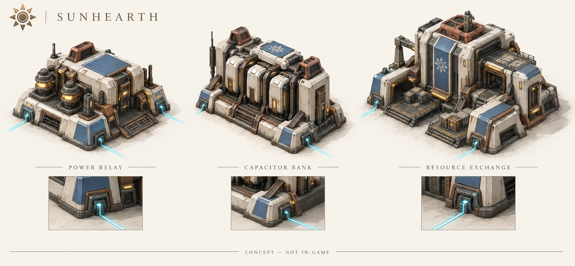 Sunhearth concept sheet: an ivory, copper and blue power relay, capacitor bank and resource exchange, each with a glowing ground port