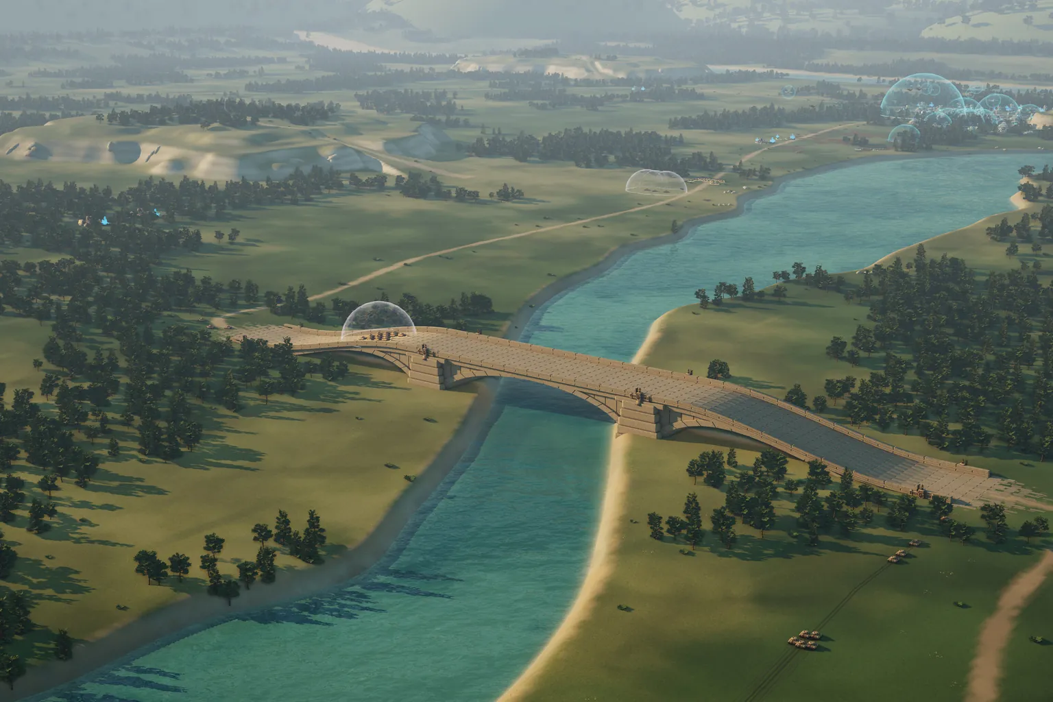 In game, from the air: the Hearthland river winding past its stone bridge between meadows and pine woods