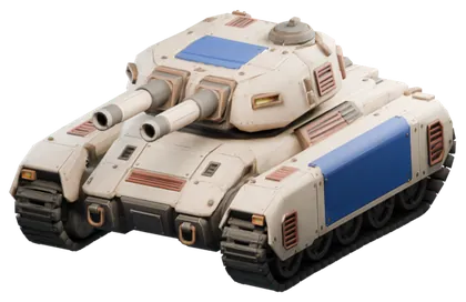 Der Emberguard, ein schwerer Sunhearth-Panzer in Elfenbein und Terrakotta mit Zwillingskanone und blauen Teamplatten
